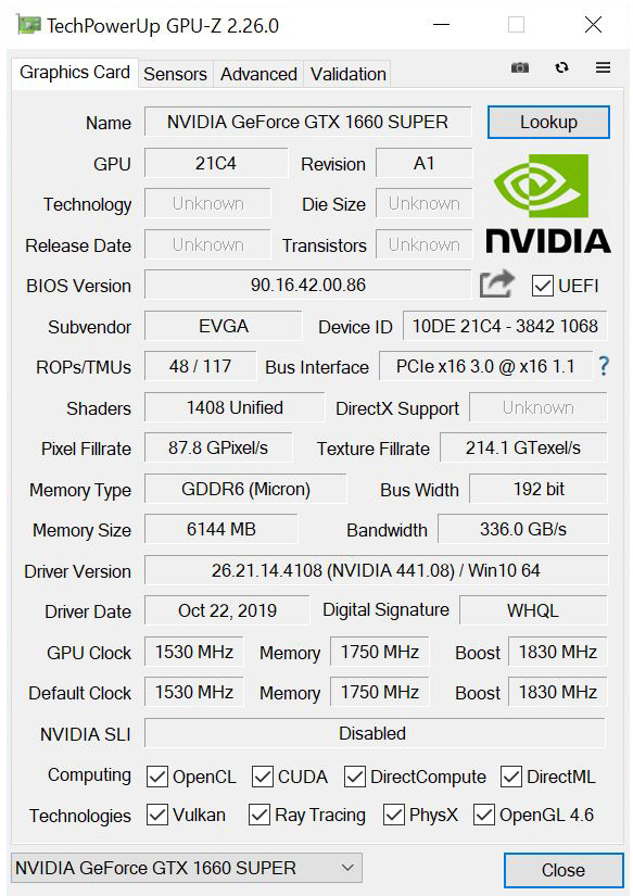 EVGA GTX 1660 SUPER SC ULTRA GPUz