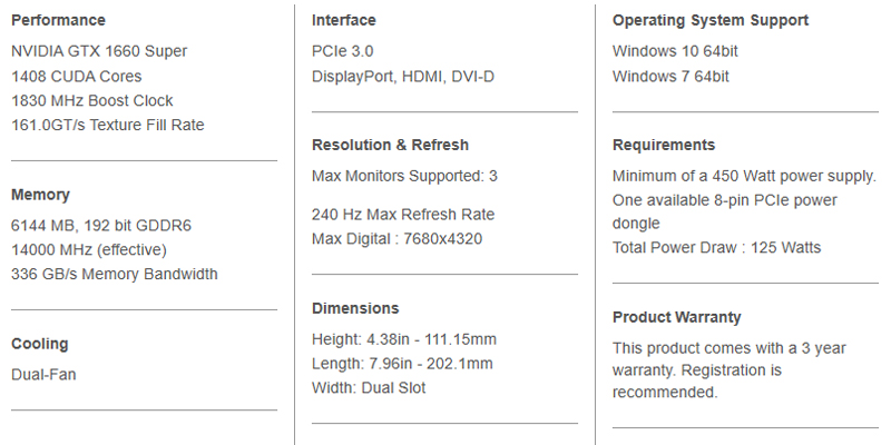 EVGA GTX 1660 SUPER SC ULTRA Specifications