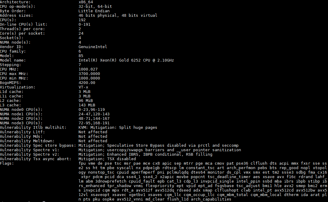 4P Intel Xeon Gold 6252 Lscpu