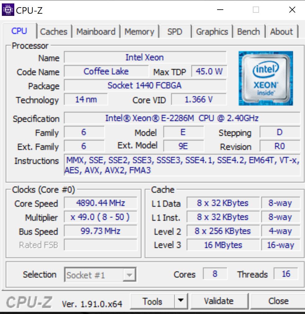 Dell Precision 7540 Xeon ECC RAM CPUz