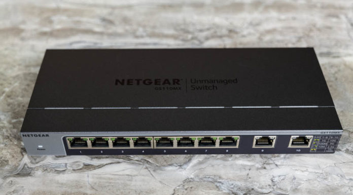 Netgear GS110MX Review Unmanaged 10-Port 8x 1GbE 2x 10GbE Switch Netgear GS110MX Top Port View