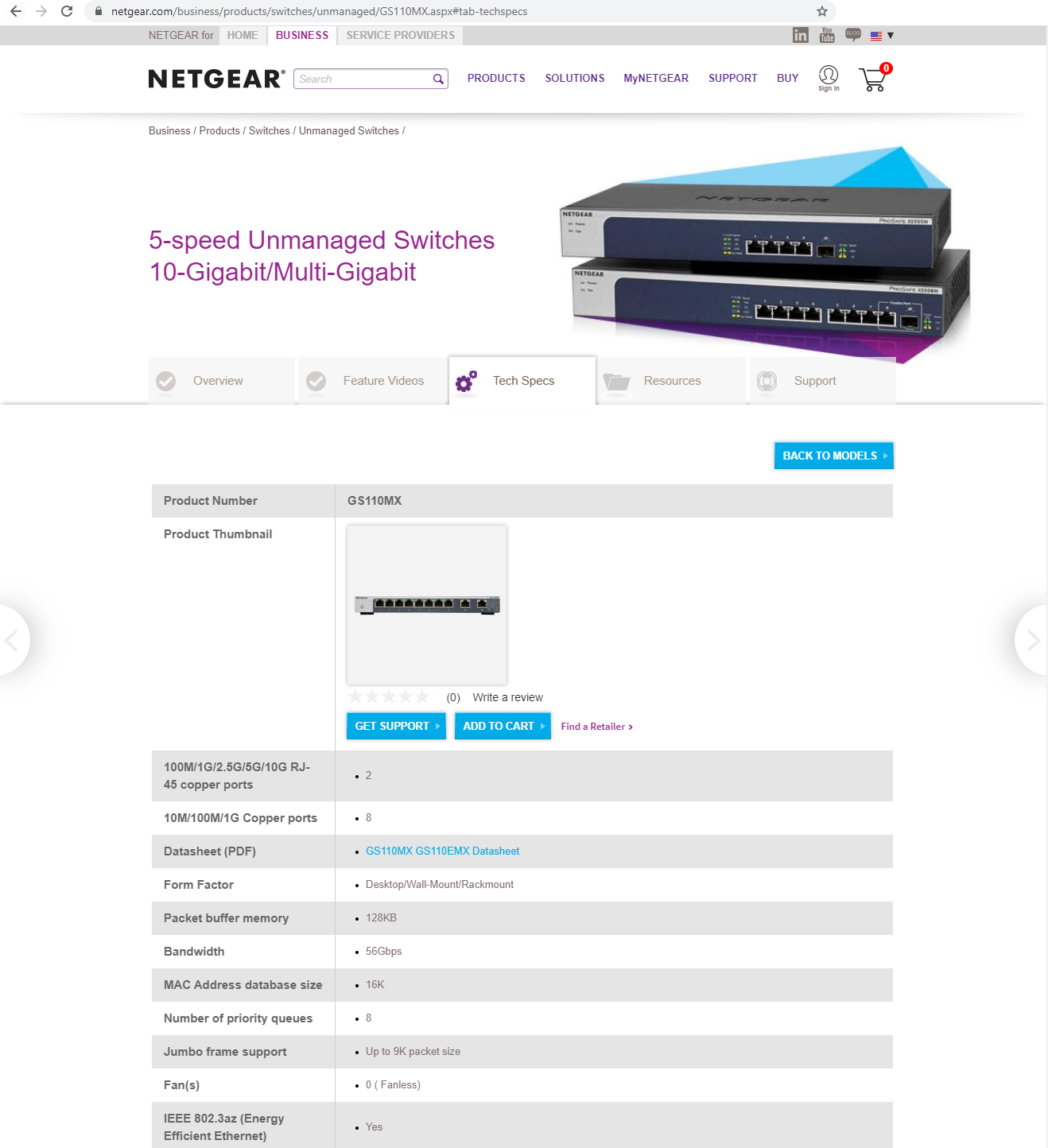 Netgear GS110MX Website Specs 2020 01 11