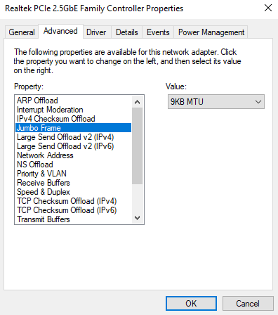 Realtek PCIe 2.5GbE Family Driver Options Including Jumbo Frame Support