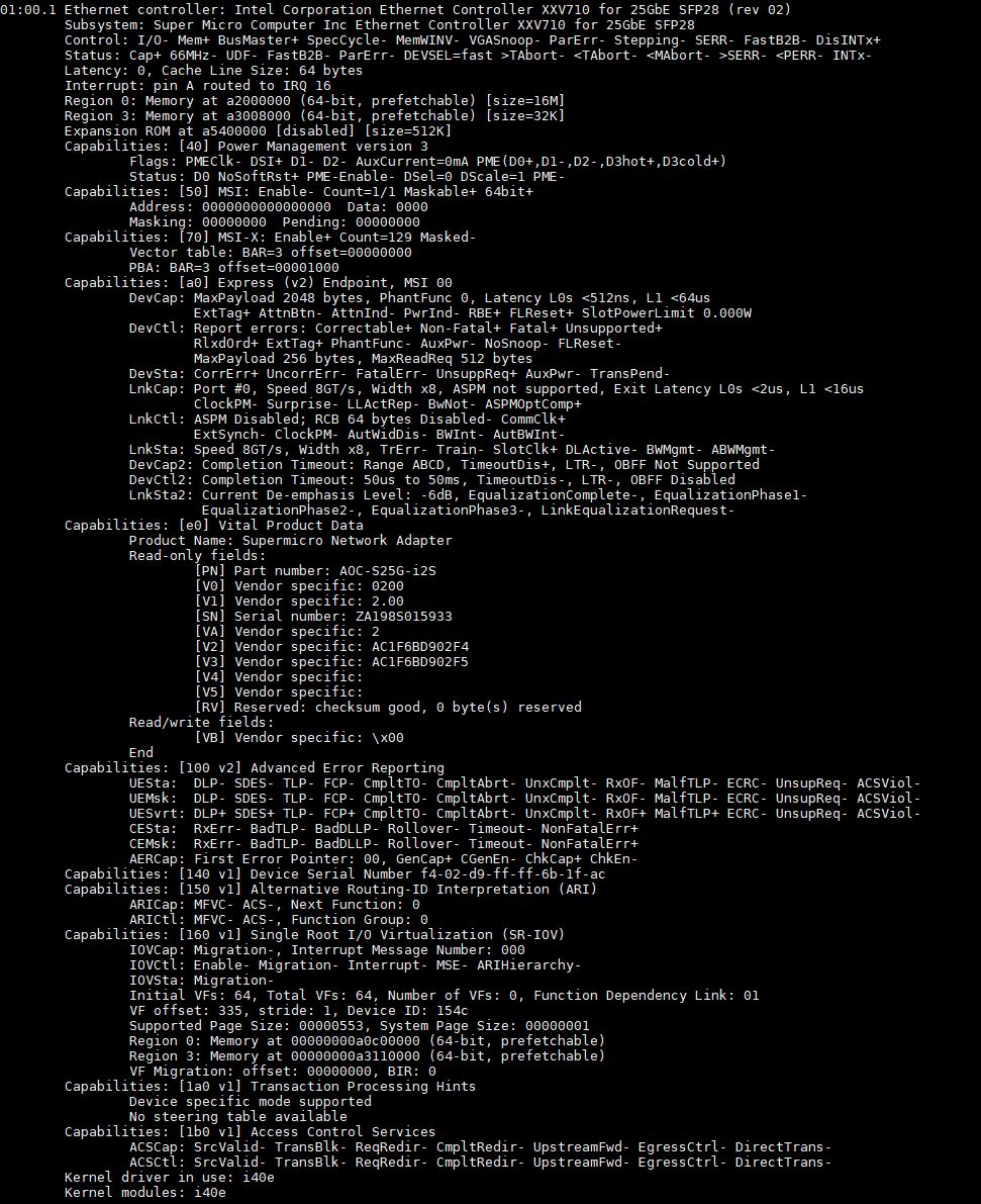 Supermicro AOC S25G I2S Intel XXV710 25GbE SFP28 Dual Port Lspci Vvv
