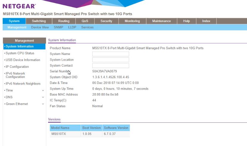 Netgear MS510TX Dashboard