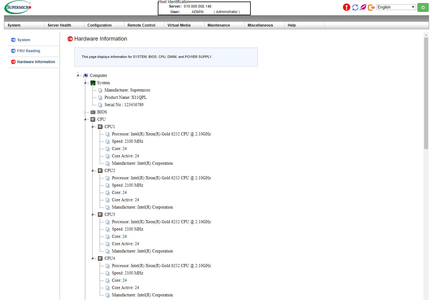 Supermicro Management Hardware Info 4P 6252 Page