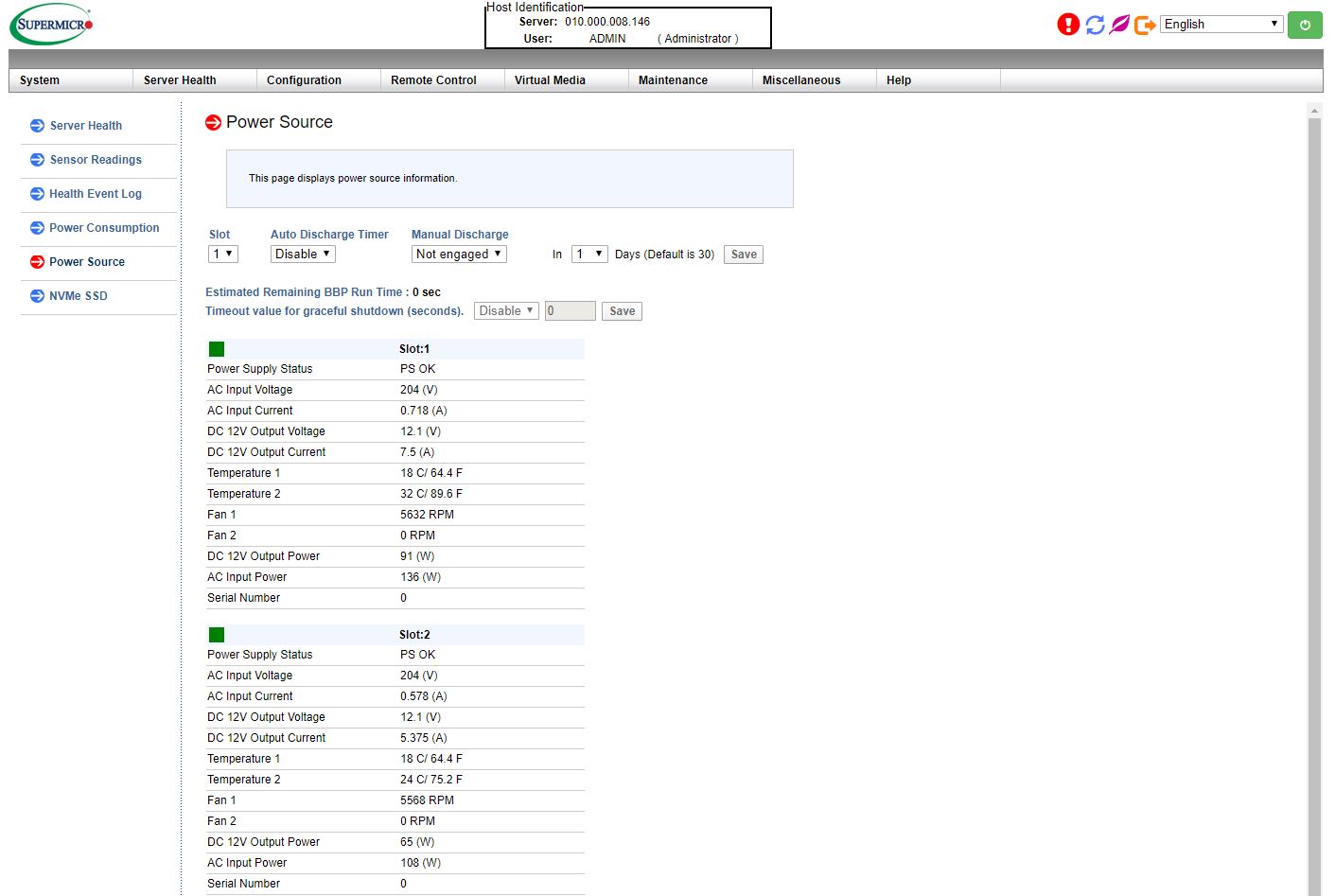 Supermicro Management Power Source Page