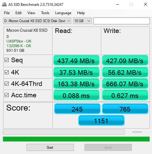 Crucial X8 1TB USB 3.2 Gen1 AS SSD Benchmark