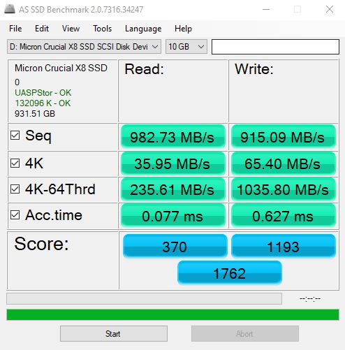 Crucial X8 1TB USB 3.2 Gen2 AS SSD Benchmark