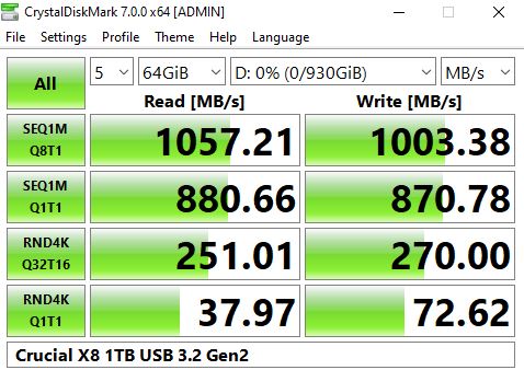 Crucial X8 1TB USB 3.2 Gen2 CrystalDiskMark Benchmark