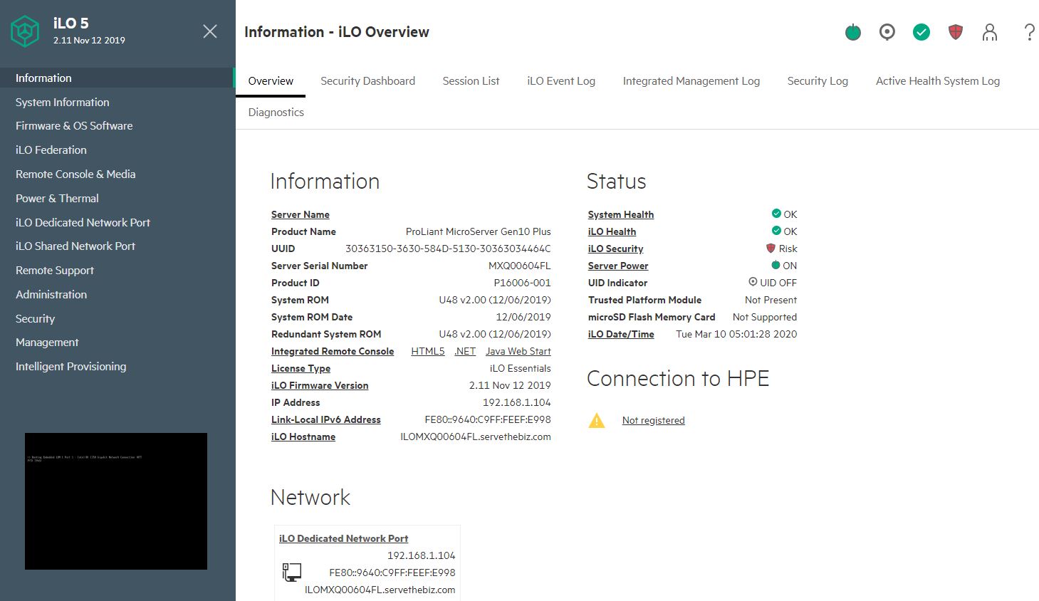 HPE ProLiant MicroServer Gen10 Plus ILO 5 Essentials Dashboard