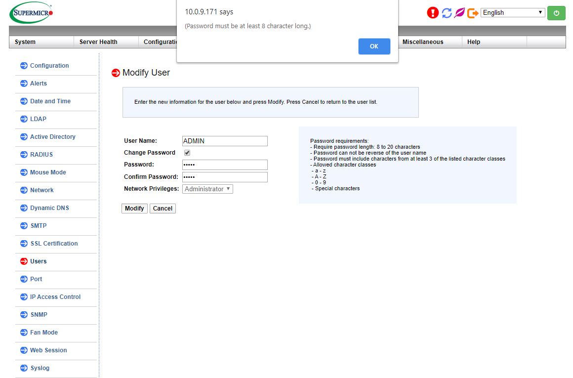 Supermicro IPMI Now Requires 8 Character Logins