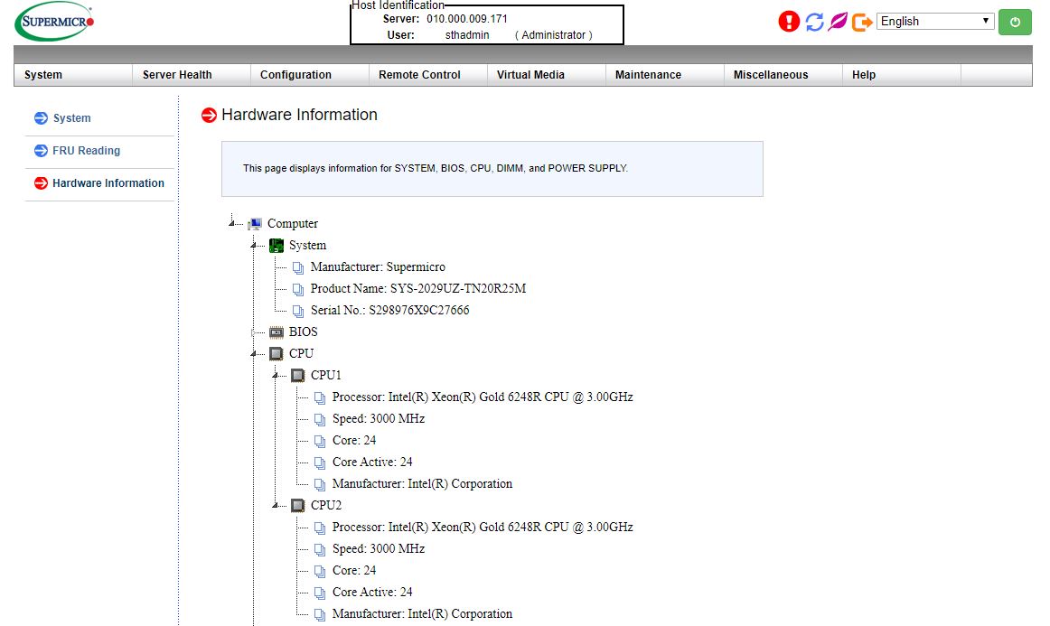 Supermicro SYS 2029UZ TN20R25M With Two Intel Xeon Gold 6248R