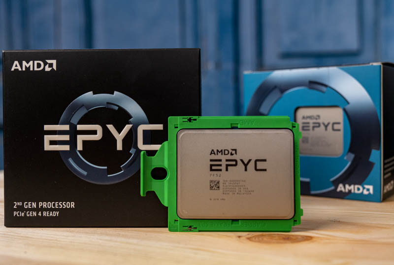 AMD EPYC 7F52 Chip And Boxes