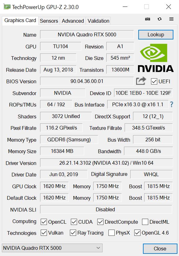 BOXX APEXX W3 Class NVIDIA Quadro RTX 5000 GPUz