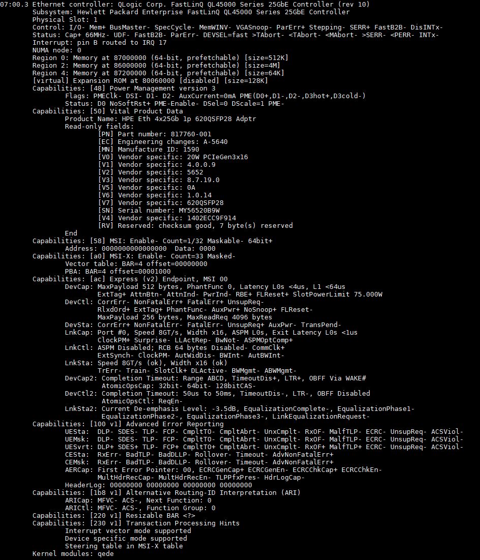 HPE 620QSFP28 Quad 25GbE Qlogic NIC Lspci Vvv