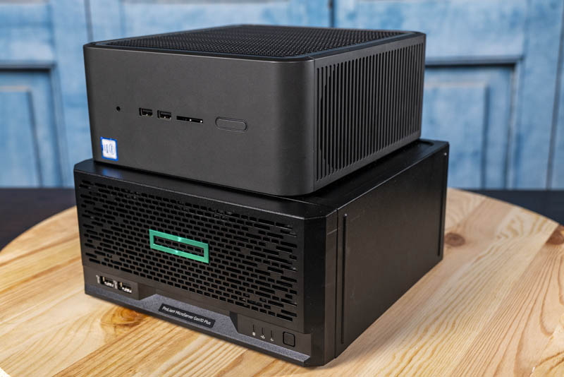 Intel NUC9VXQNX Quartz Canyon NUC Atop HPE ProLiant MicroServer Gen10 Plus