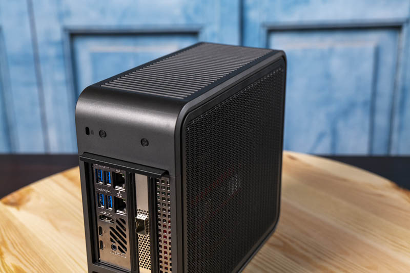 Intel NUC9VXQNX Quartz Canyon NUC Top Three Quarter Rear View