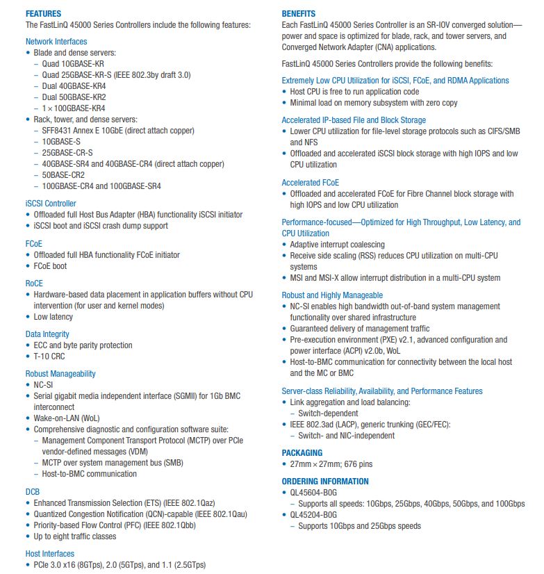 QLogic Cavium Marvell QL45604 B0G Key Specs