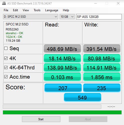 Silicon Power A55 128GB M.2 SSD AS SSD Benchmark