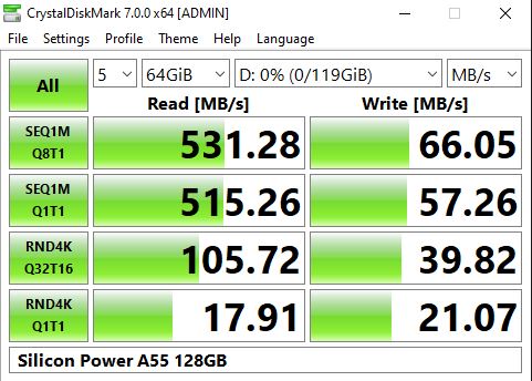 Silicon Power A55 128GB M.2 SSD CrystalDiskMark Benchmark