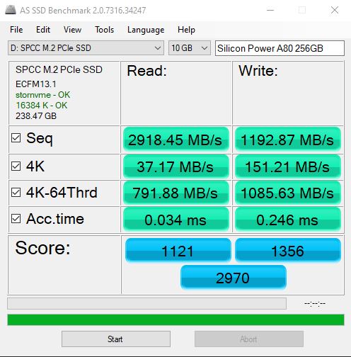 Silicon Power A80 256GB M.2 SSD AS SSD Benchmark