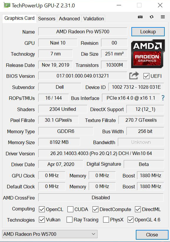 AMD Radeon Pro W5700 GPUz