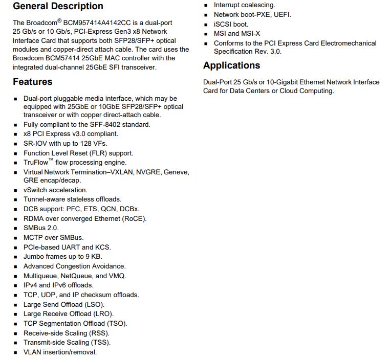 Broadcom BCM 57414 Data Sheet Key Specs