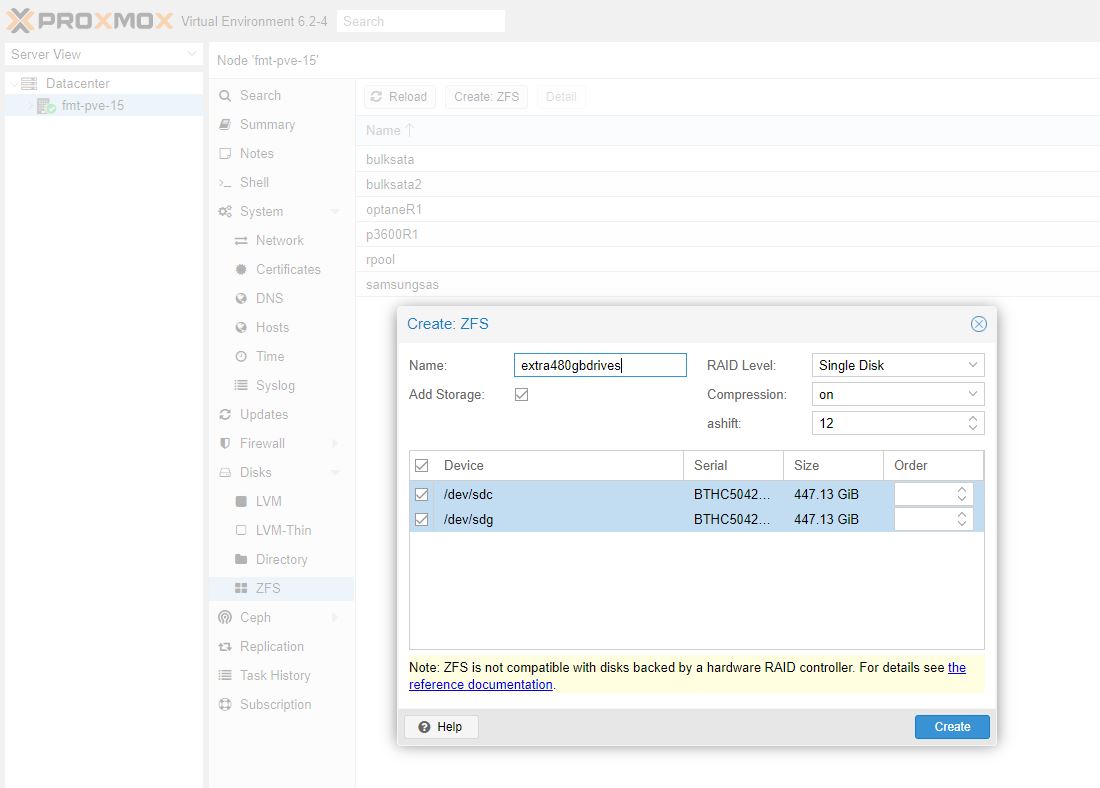 Proxmox VE Create ZFS GUI