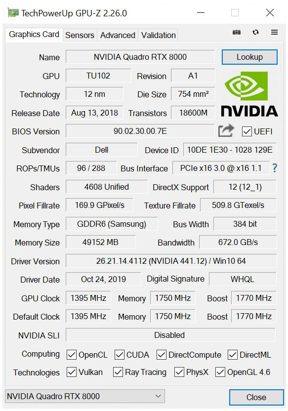 NVIDIA Quadro RTX 8000 NVLINK GPUz
