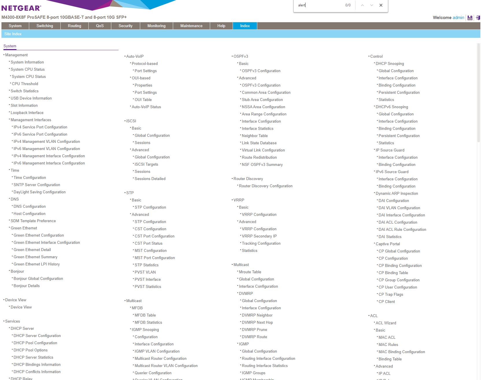 Netgear M4300 8X8F ProSAFE Web Management Index Search For Alert