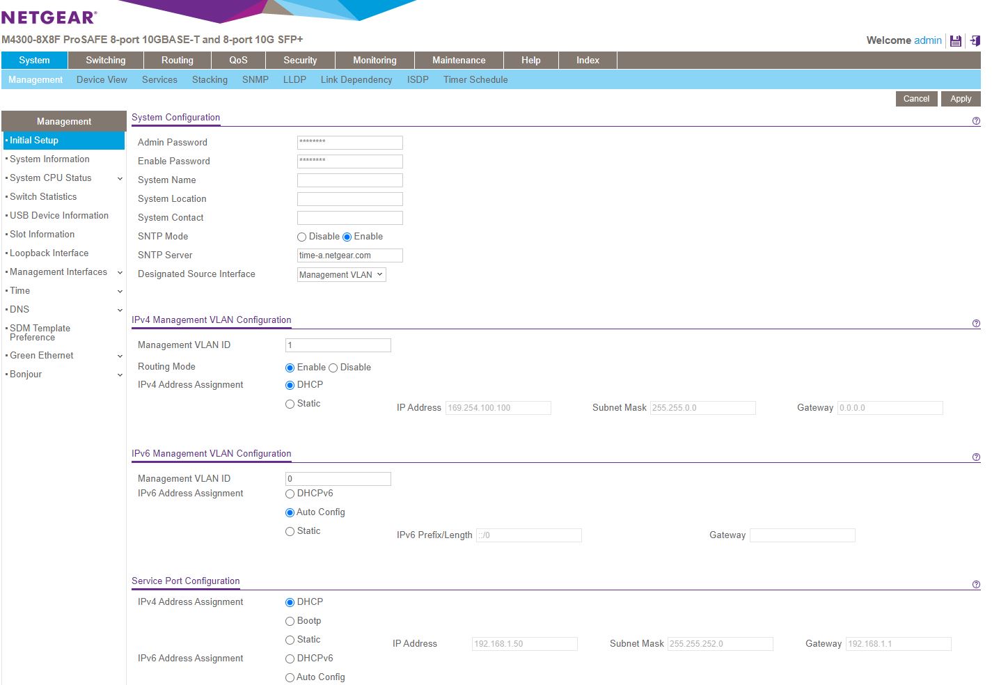 Netgear M4300 8X8F ProSAFE Web Management Initial Setup Dashboard