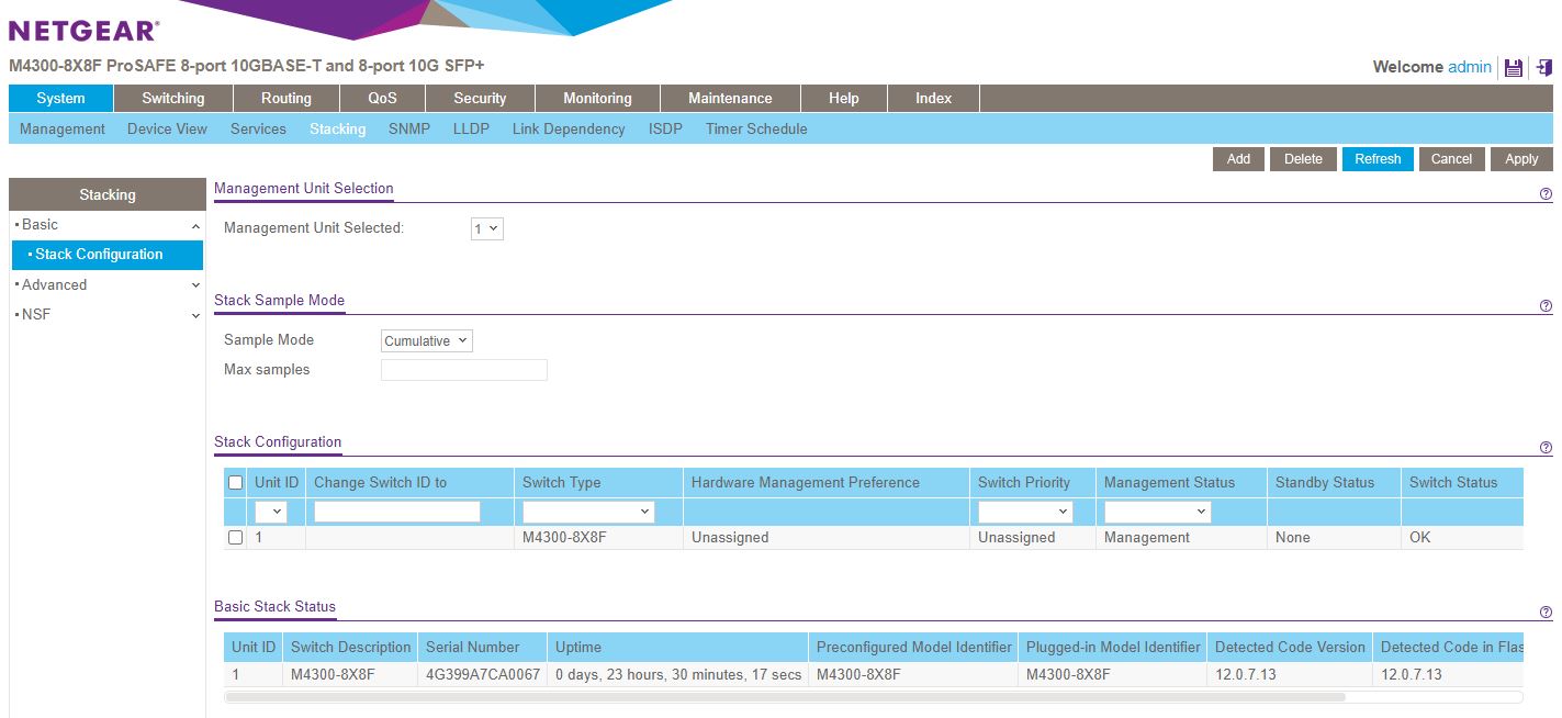 Netgear M4300 8X8F ProSAFE Web Management Stacking