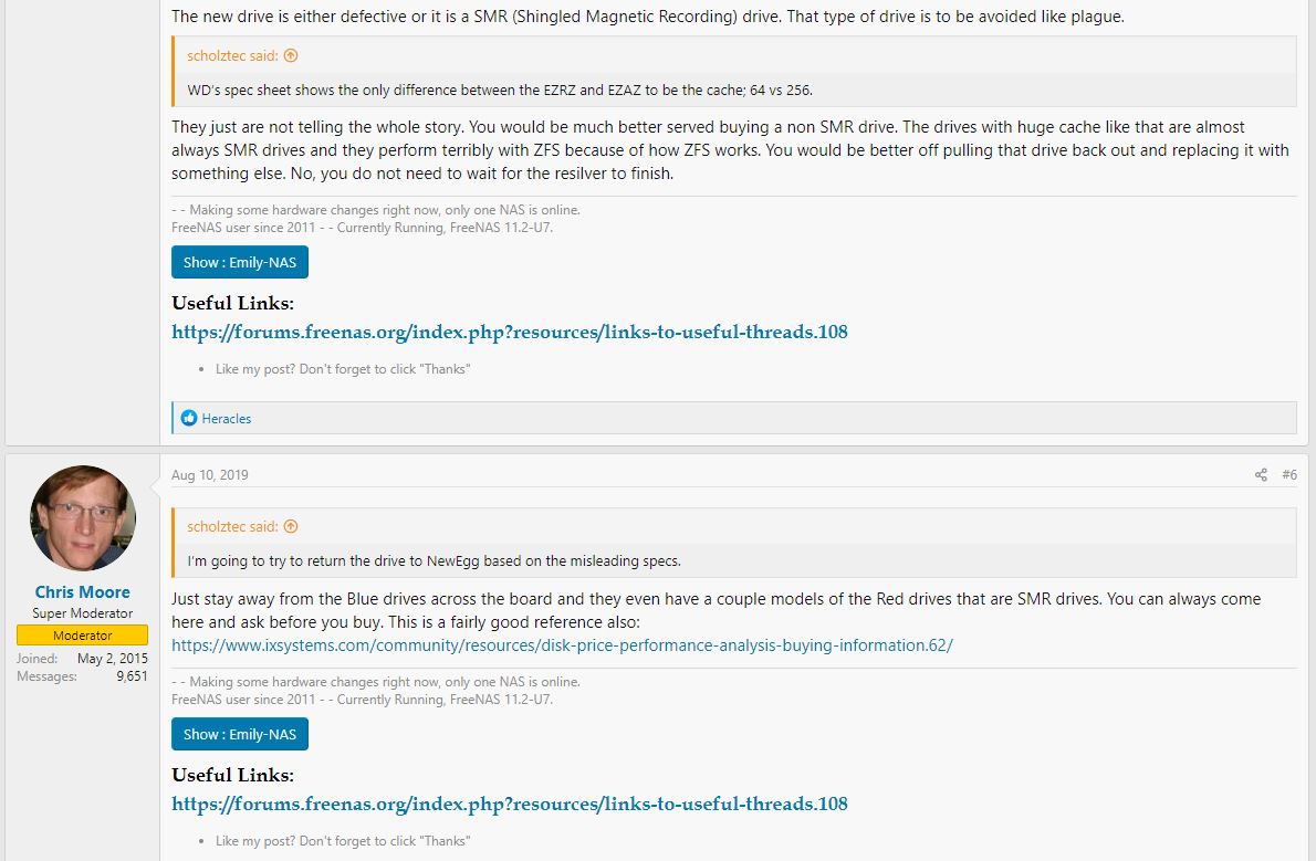 WD Red DM SMR Chris Moore Super Moderator IXsystems Forum Saying Not To Use WD Red