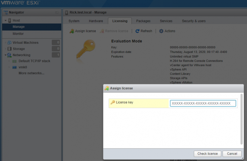 VMWare ESXI Manage Page, License Tab