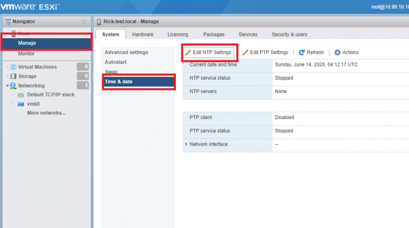 VMWare ESXI Manage Page, System Tab