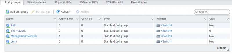 ESXI Networking Page, Port Group Tab