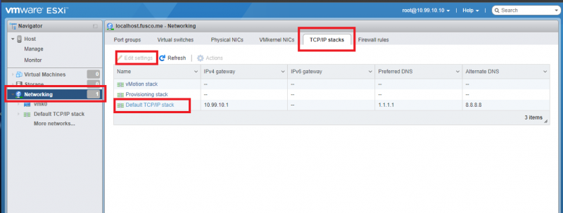 ESXI Networking Page, TCP/IP Stacks Tab
