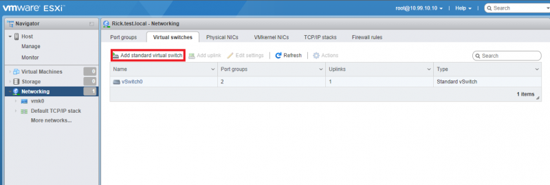 ESXI Networking Page, Virtual Switches Tab