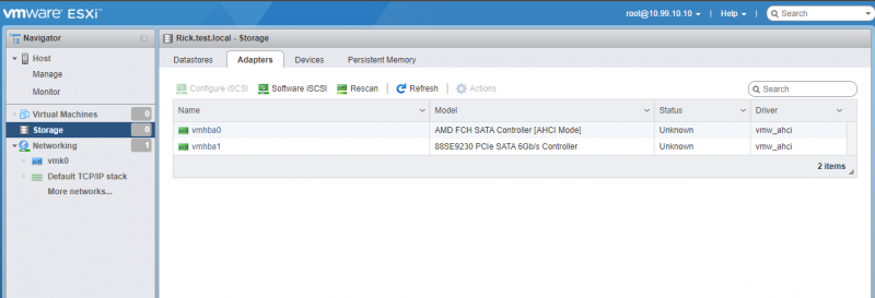 ESXI Storage Menu Adapters Tab