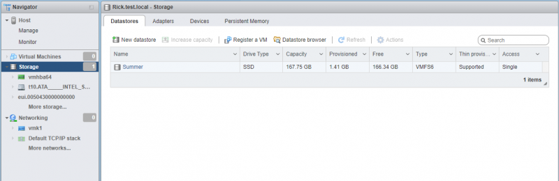 ESXI Storage Menu Datastores Tab