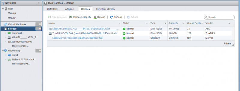 ESXI Storage Menu Devices Tab