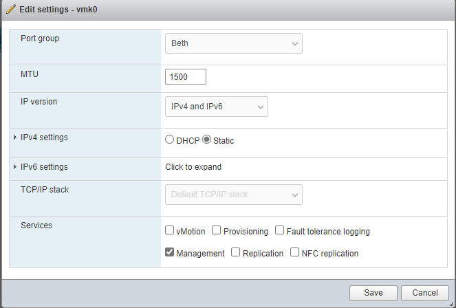 VMKernel NICs Configuration Page