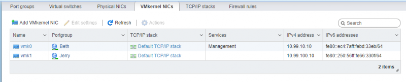 ESXI Networking Page, VMKernel NIC Tab