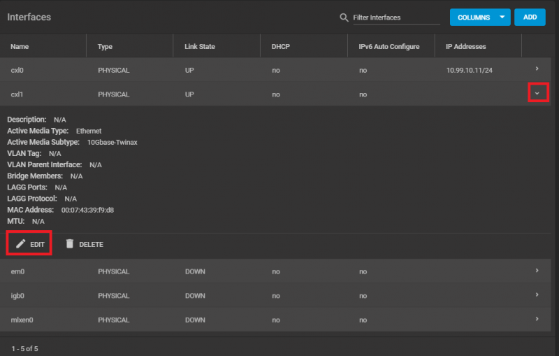 TrueNAS Interfaces Page