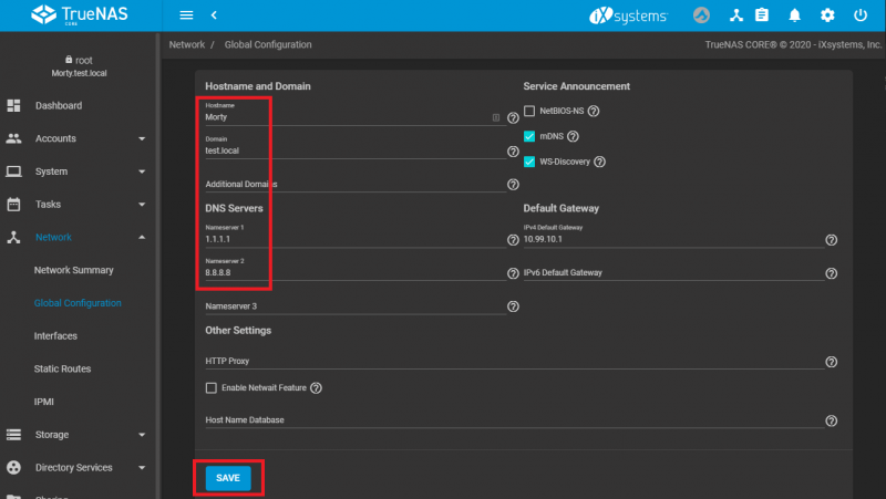 TrueNAS Network Global Configuration Menu