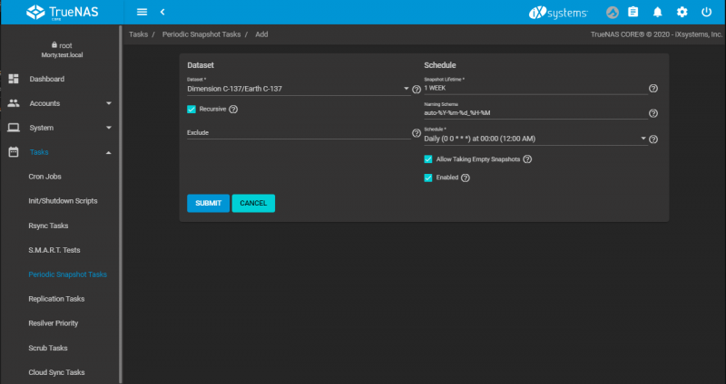 TrueNAS Periodic Snapshots Task Scheduling Menu