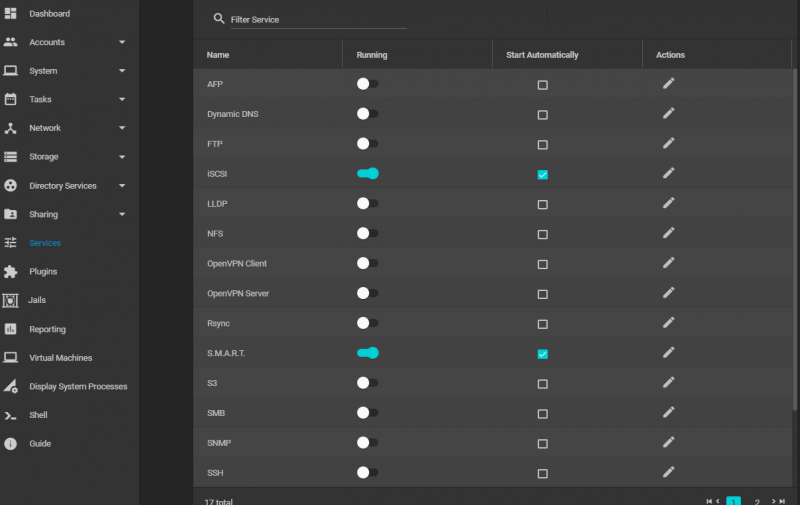 TrueNAS Services Page