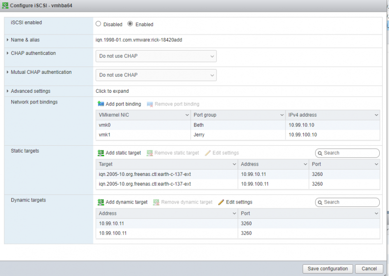 ESXI Software ISCSI Configuration Page