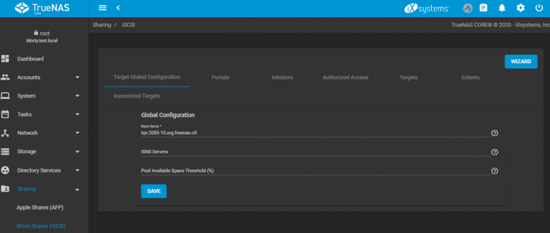 TrueNAS ISCSI Sharing Page